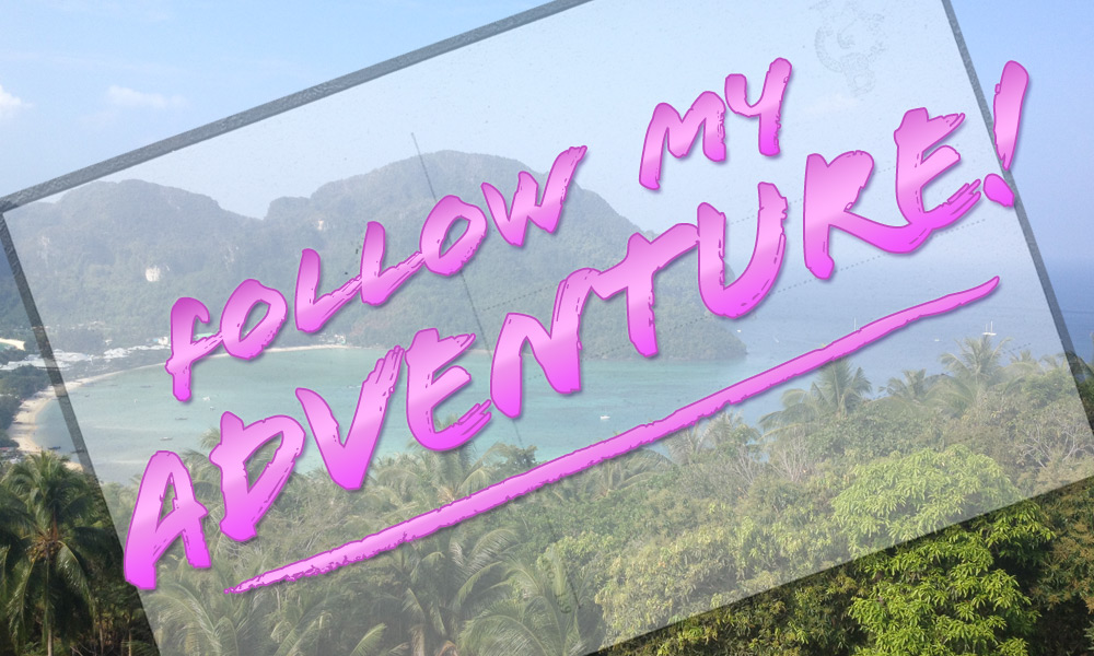 Stylized photograph of a jungle and beach that reads: 'Follow my adventure'